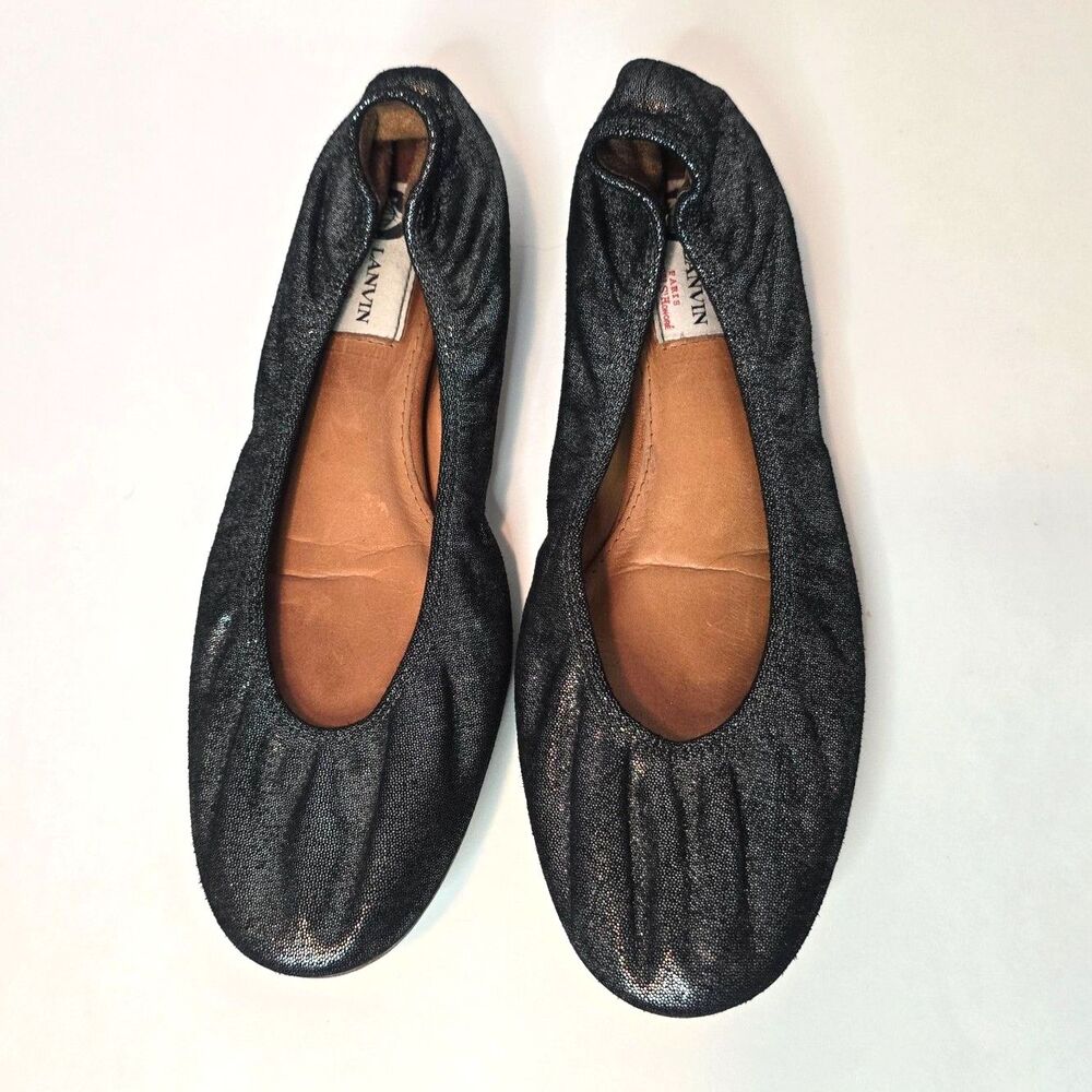 LANVIN Black Metallic Crinkled Leather Elastic Ballet Flats